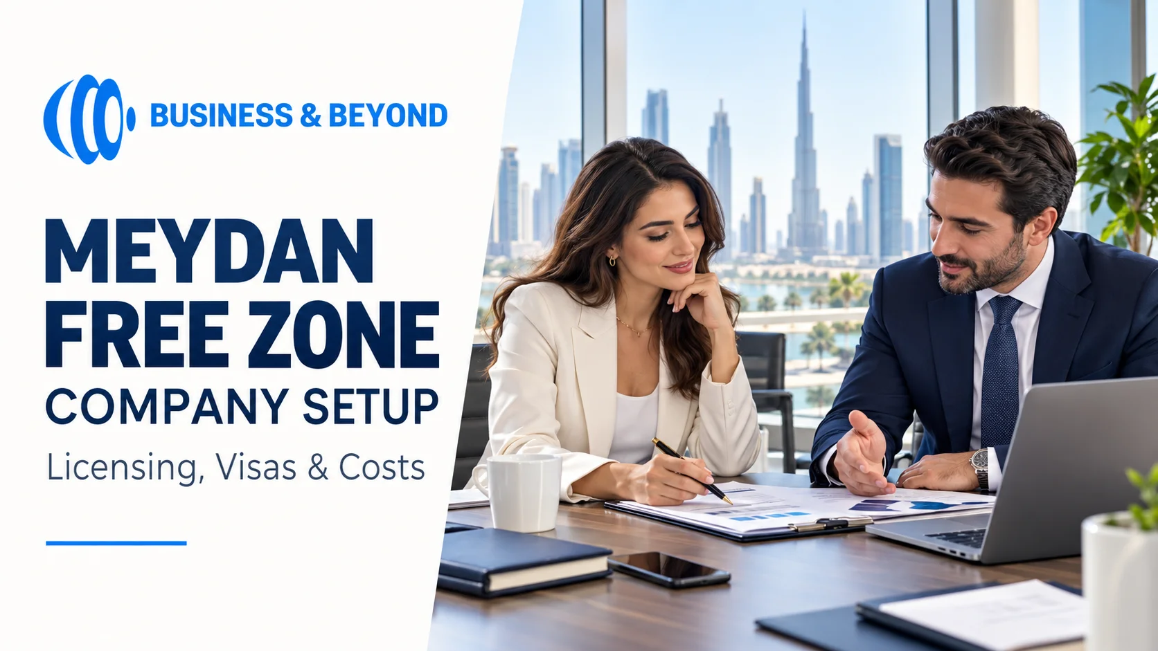Business founders discussing Meydan Free Zone company setup in a Dubai office