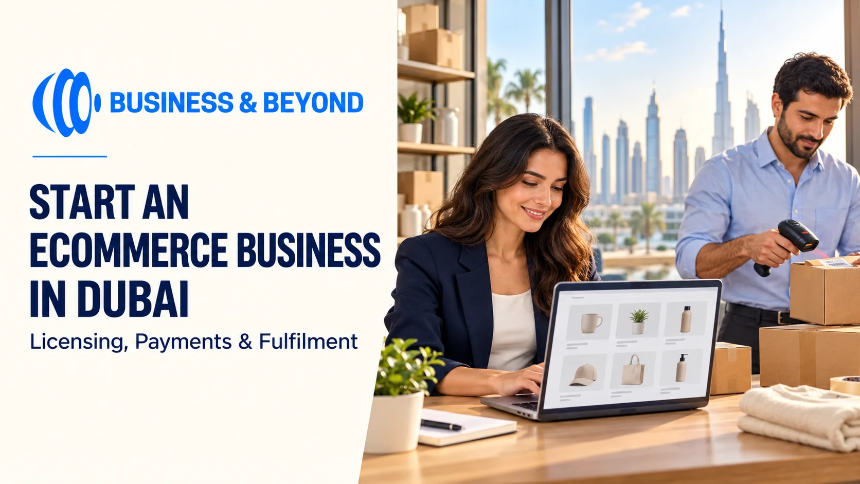 Ecommerce founder reviewing an online store while a colleague prepares parcels in Dubai