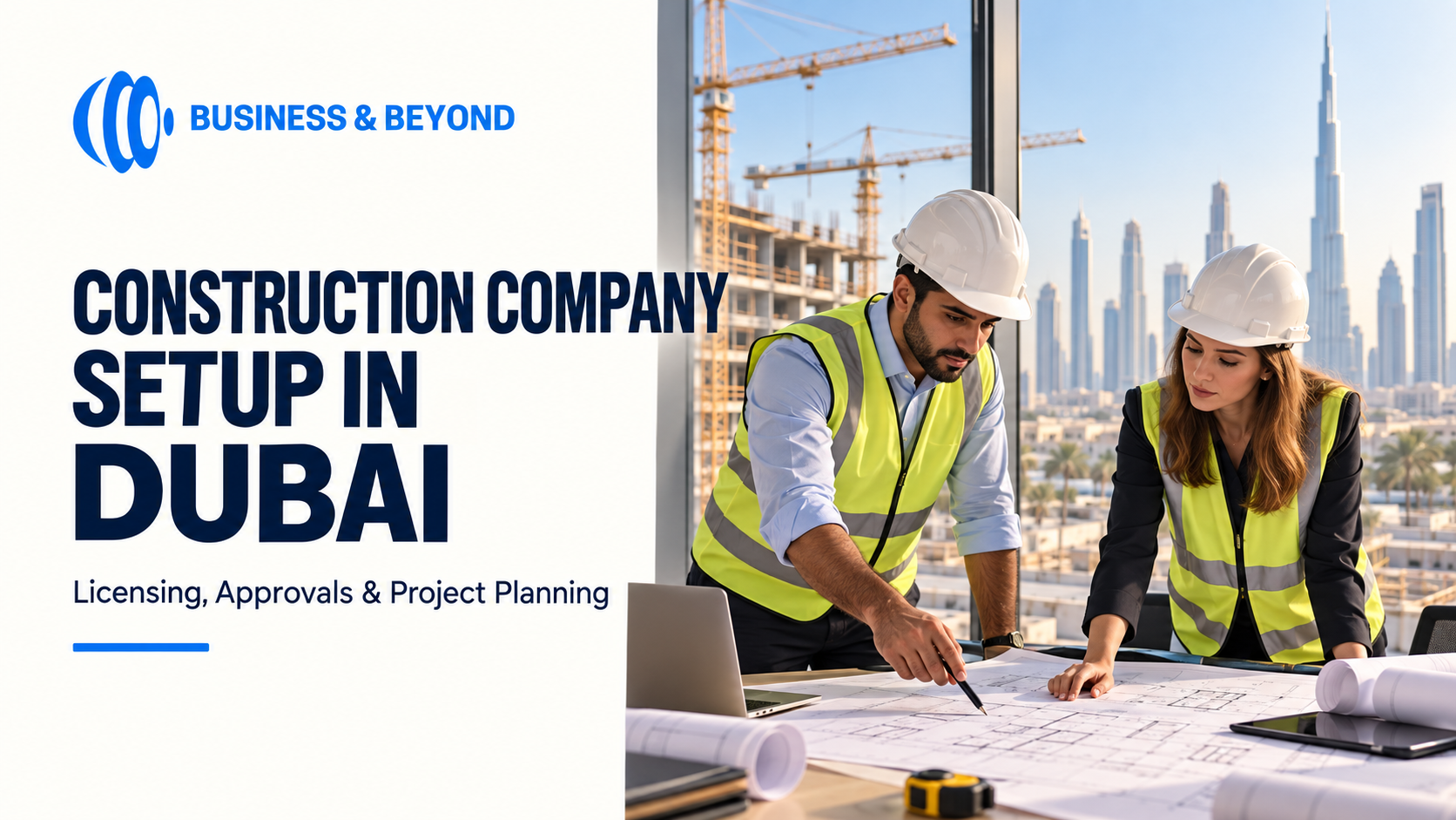 Two construction professionals reviewing architectural plans in a Dubai site office