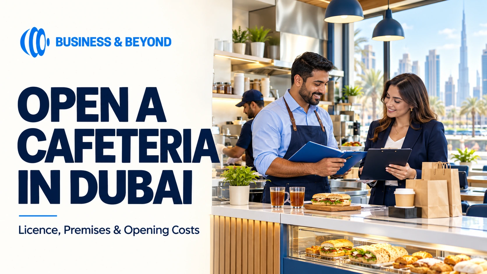 Cafeteria owner and adviser reviewing opening plans at a food-service counter in Dubai