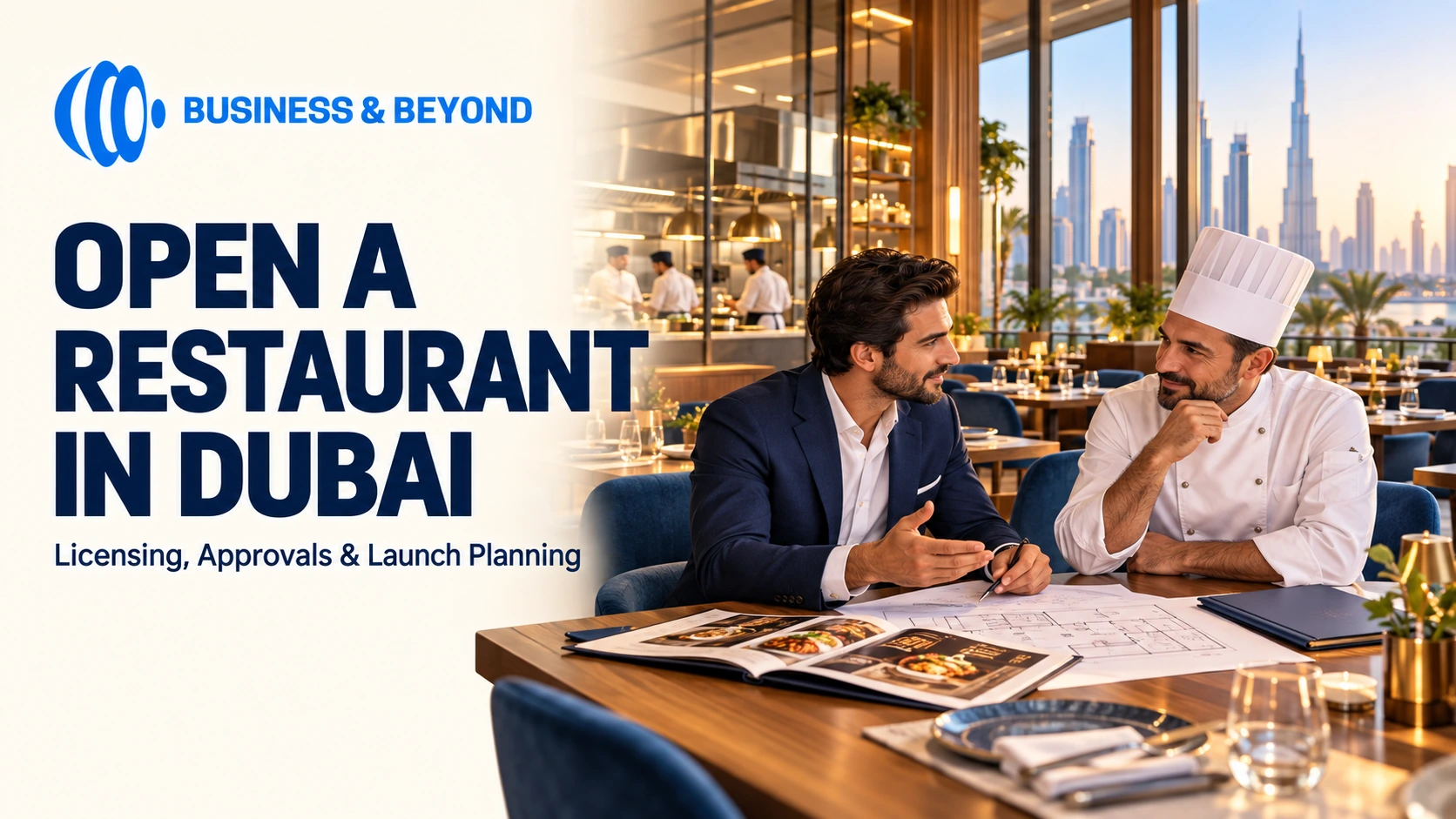 Restaurant founder and chef reviewing a menu and layout plans in a Dubai restaurant