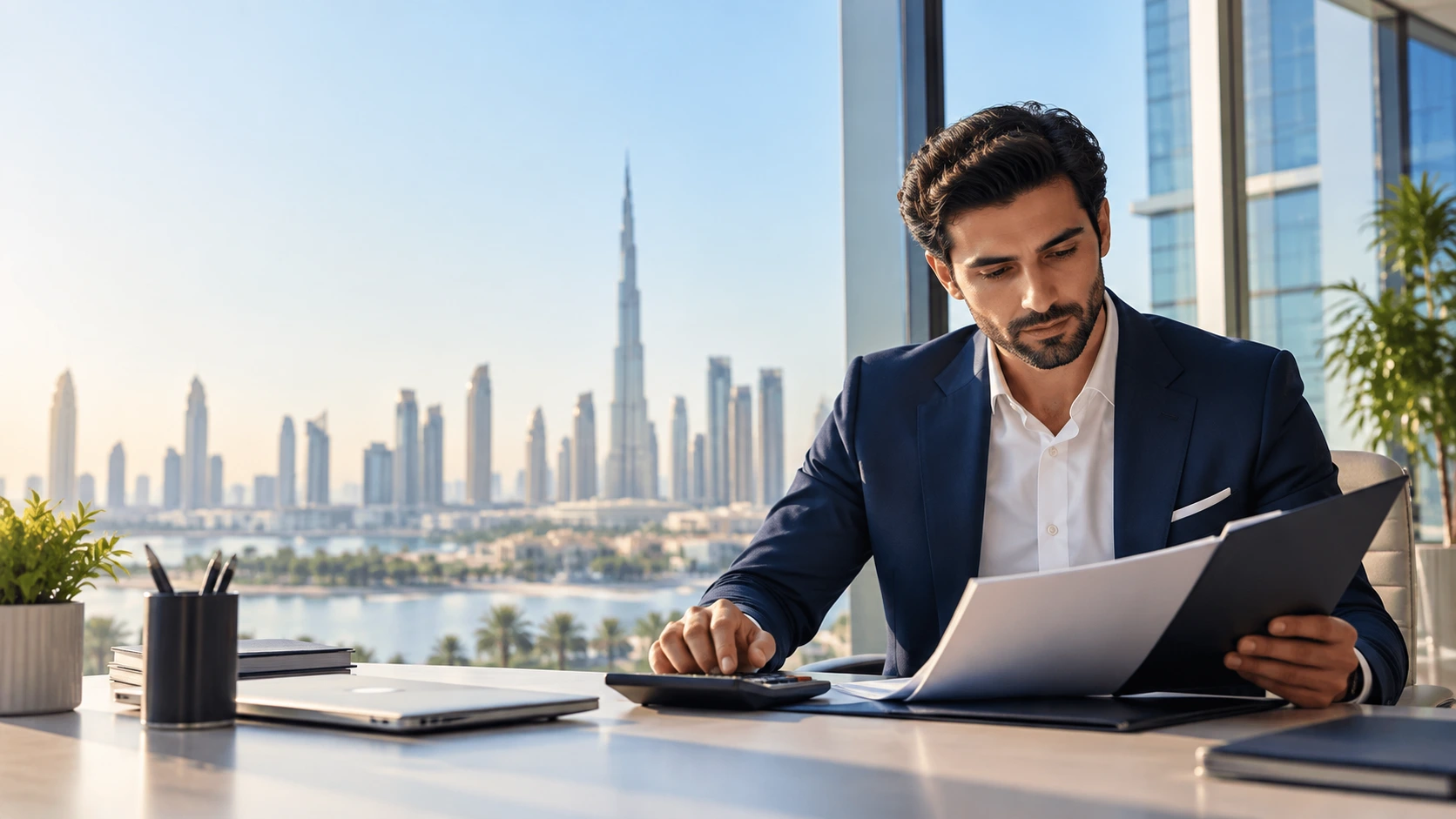 Business owner reviewing Dubai company setup costs with calculator and Dubai skyline
