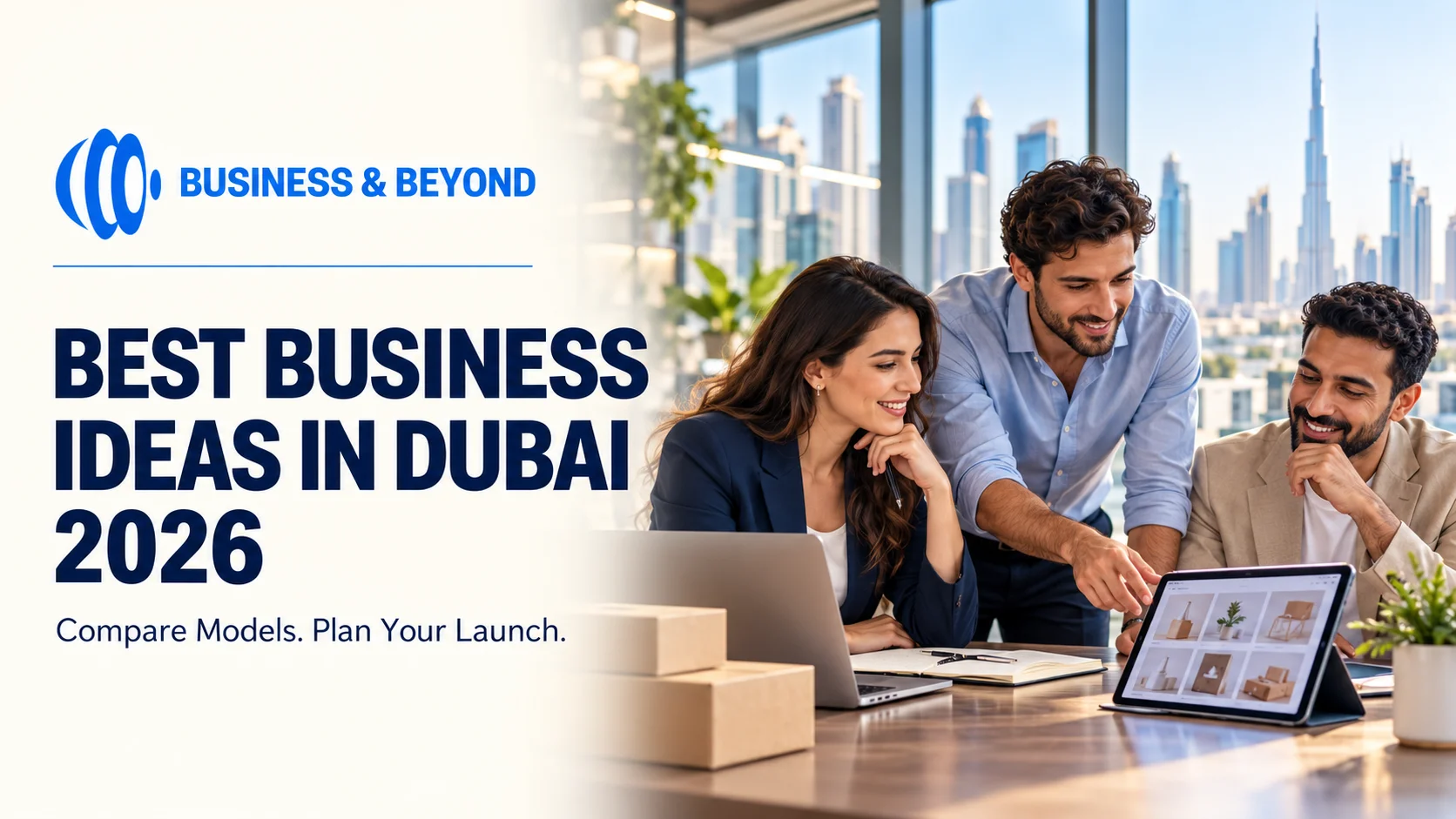 Three entrepreneurs reviewing business ideas in a Dubai coworking office