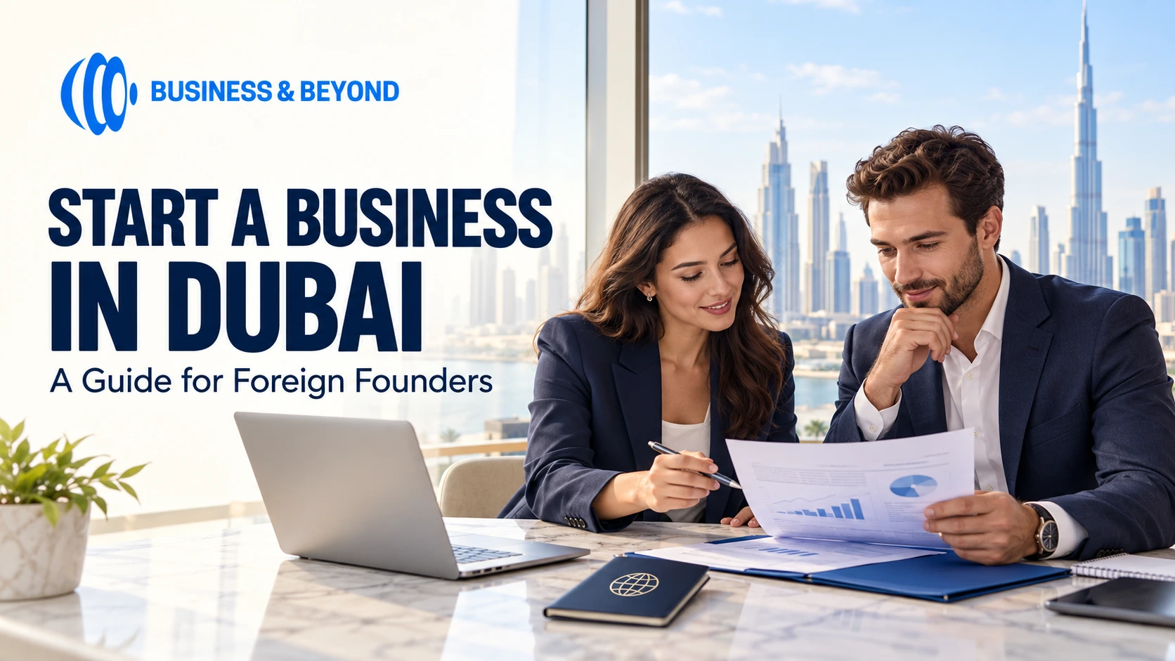 Two entrepreneurs reviewing company setup documents in an office overlooking Dubai