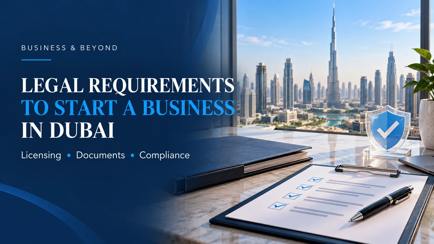 Dubai skyline with business documents and a compliance checklist