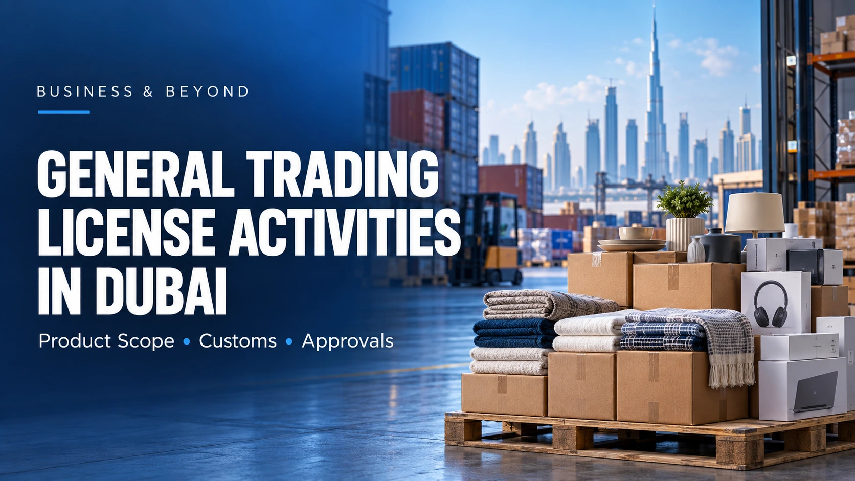 General trading license activities in Dubai, illustrated with textiles, household goods and electronics in a warehouse.